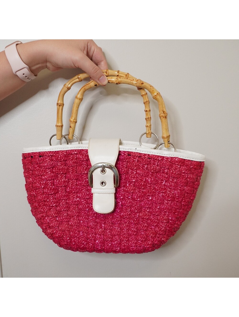 Pink Woven Handbag with Bamboo Handles and White Trim